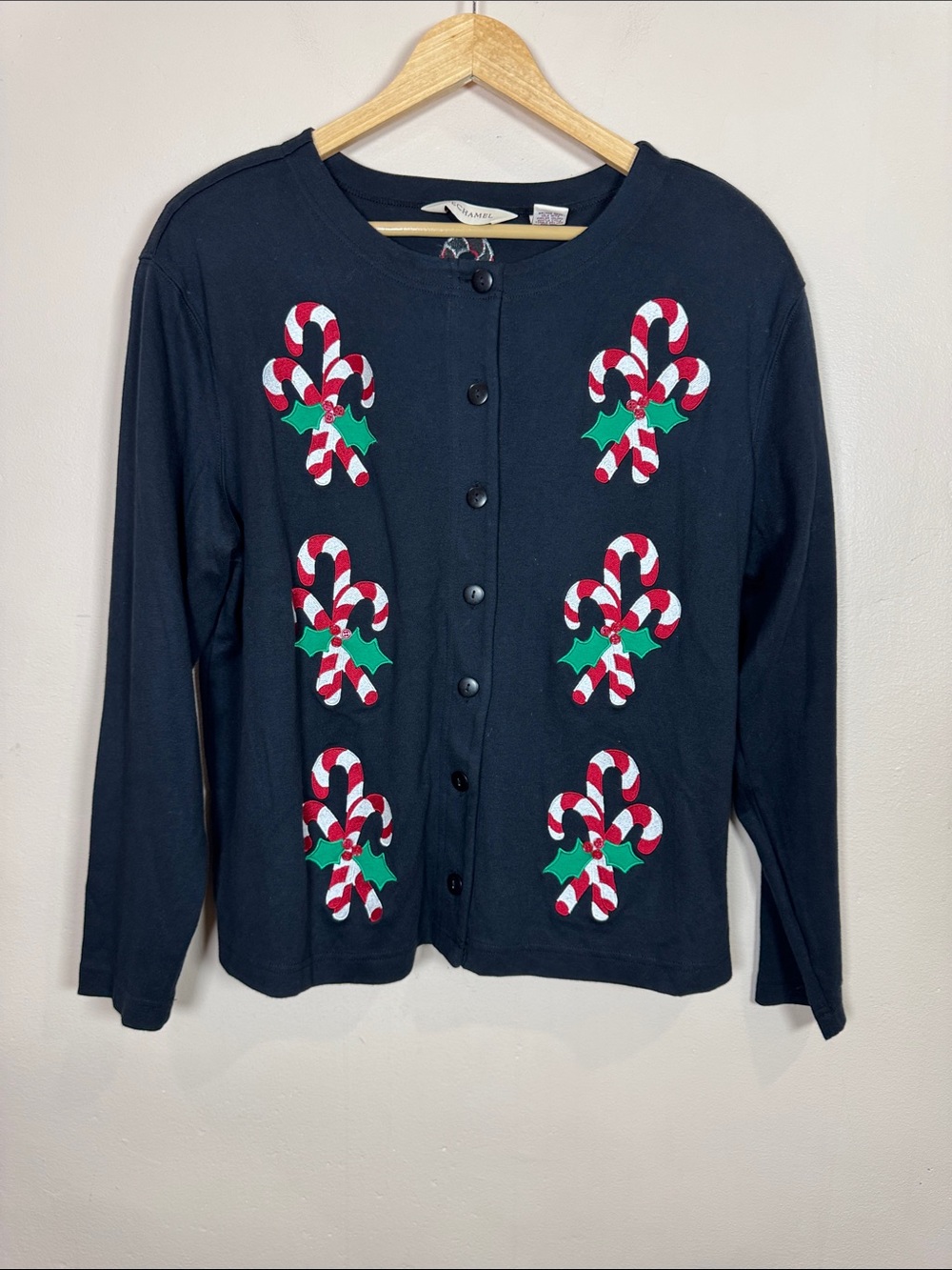 Bechamel Womens Candy Cane Cardigan Sweater L Cotton Embroidered Christmas